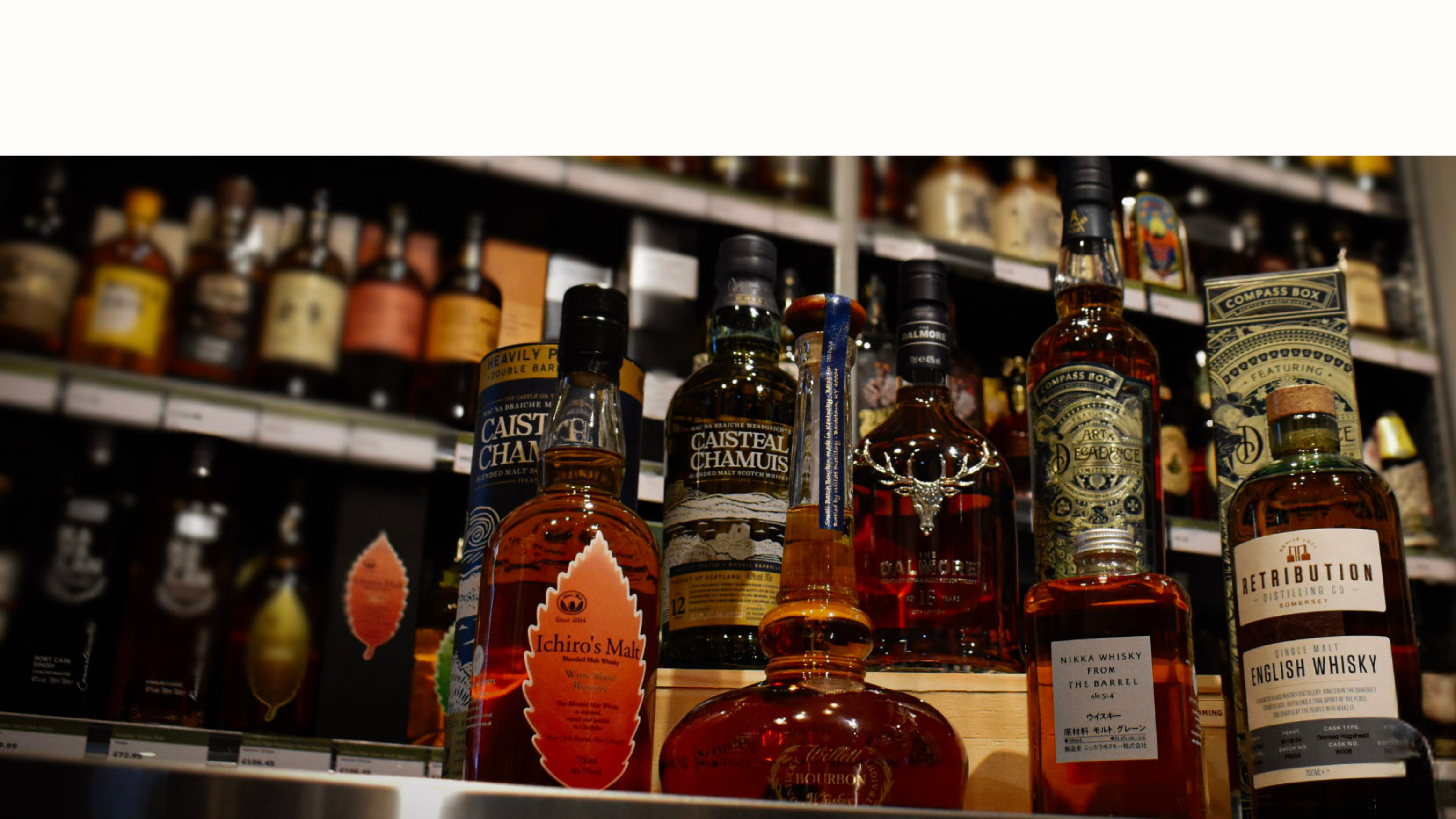 Whisky selection grouped together against background of whisky on shelves