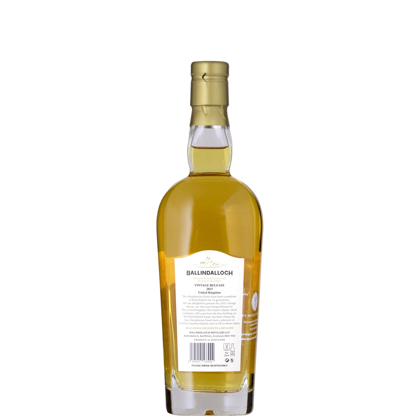 Ballindalloch Single Cask 2015 Back Label Whisky Bottle on a White Background
