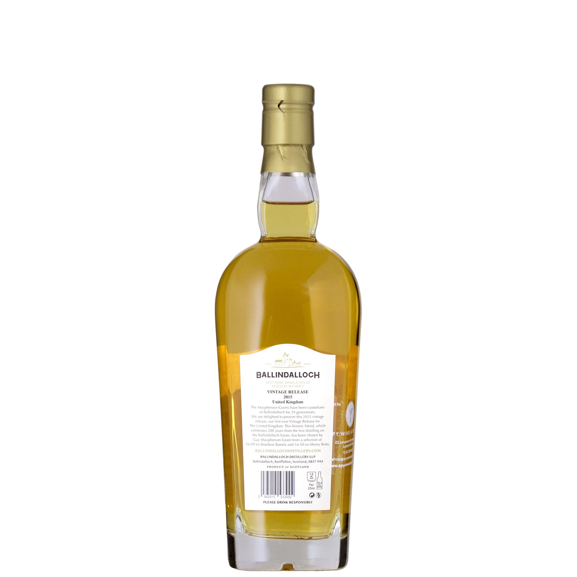 Ballindalloch Single Cask 2015 Back Label Whisky Bottle on a White Background