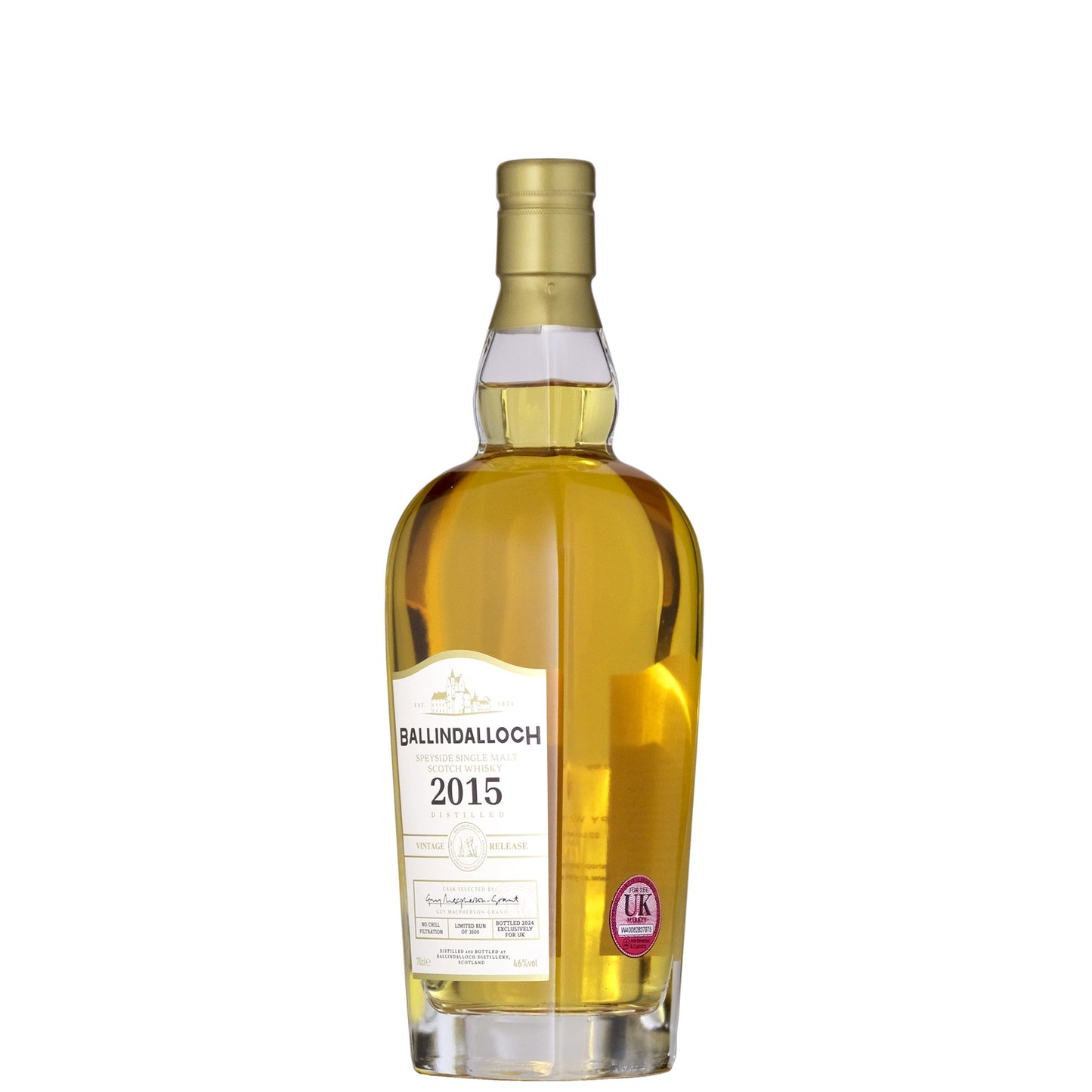 Ballindalloch Single Cask 2015 Whisky Bottle Side Shot 1 on a White Background
