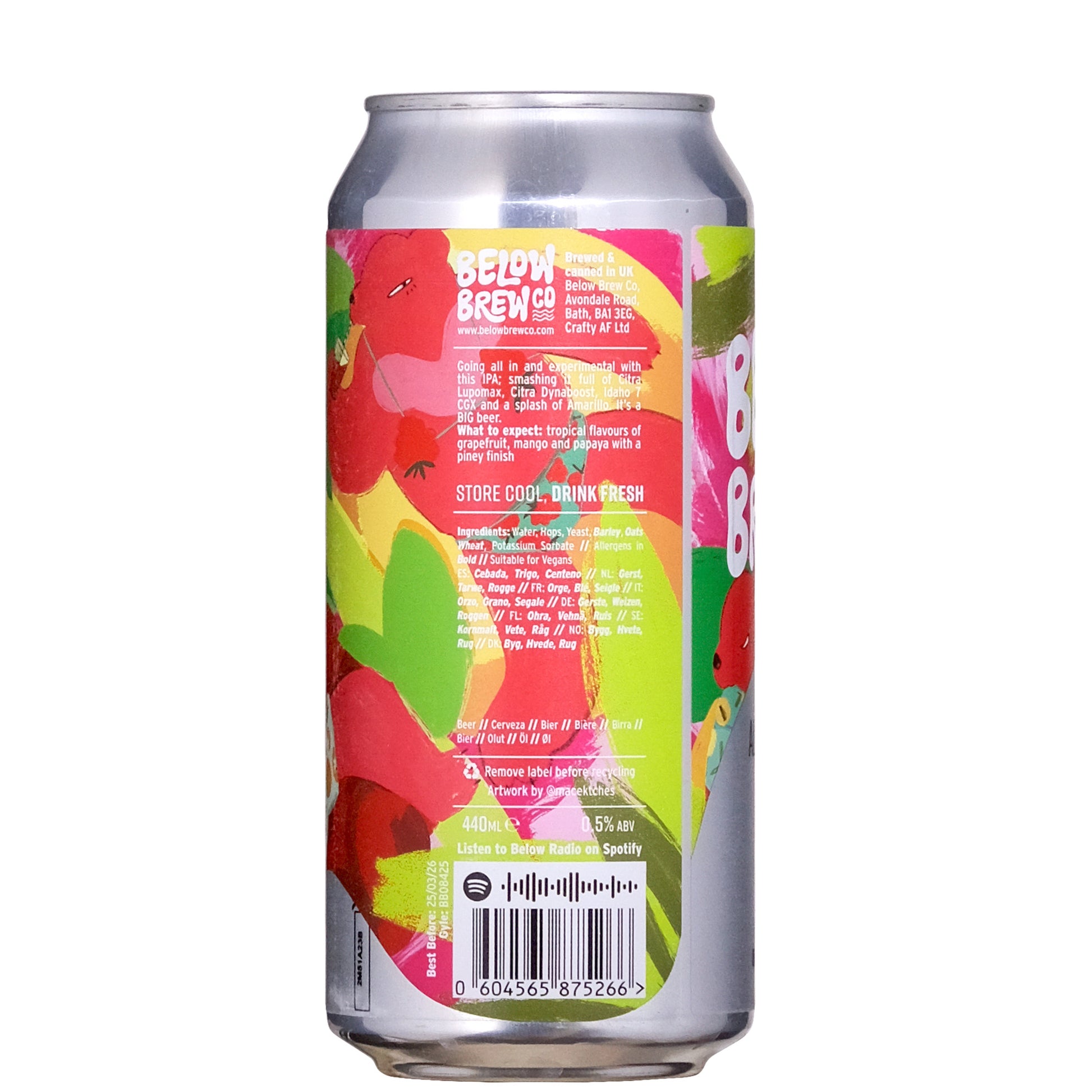 Below Brew Co. All Hopped Up I.P.A Back Label Beer Can on a White Background