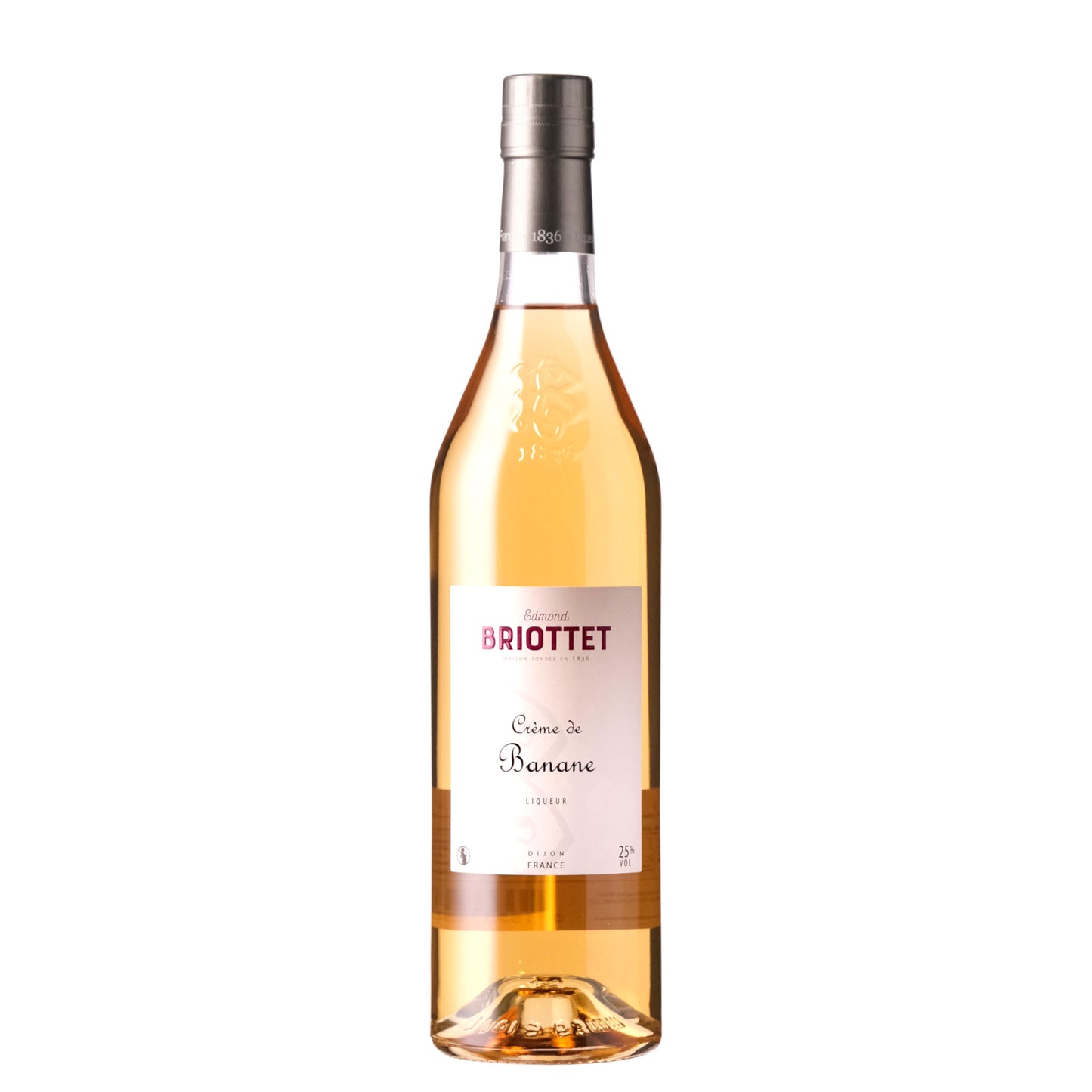 Briottet Creme de Banane Liqueur Bottle on a White Background