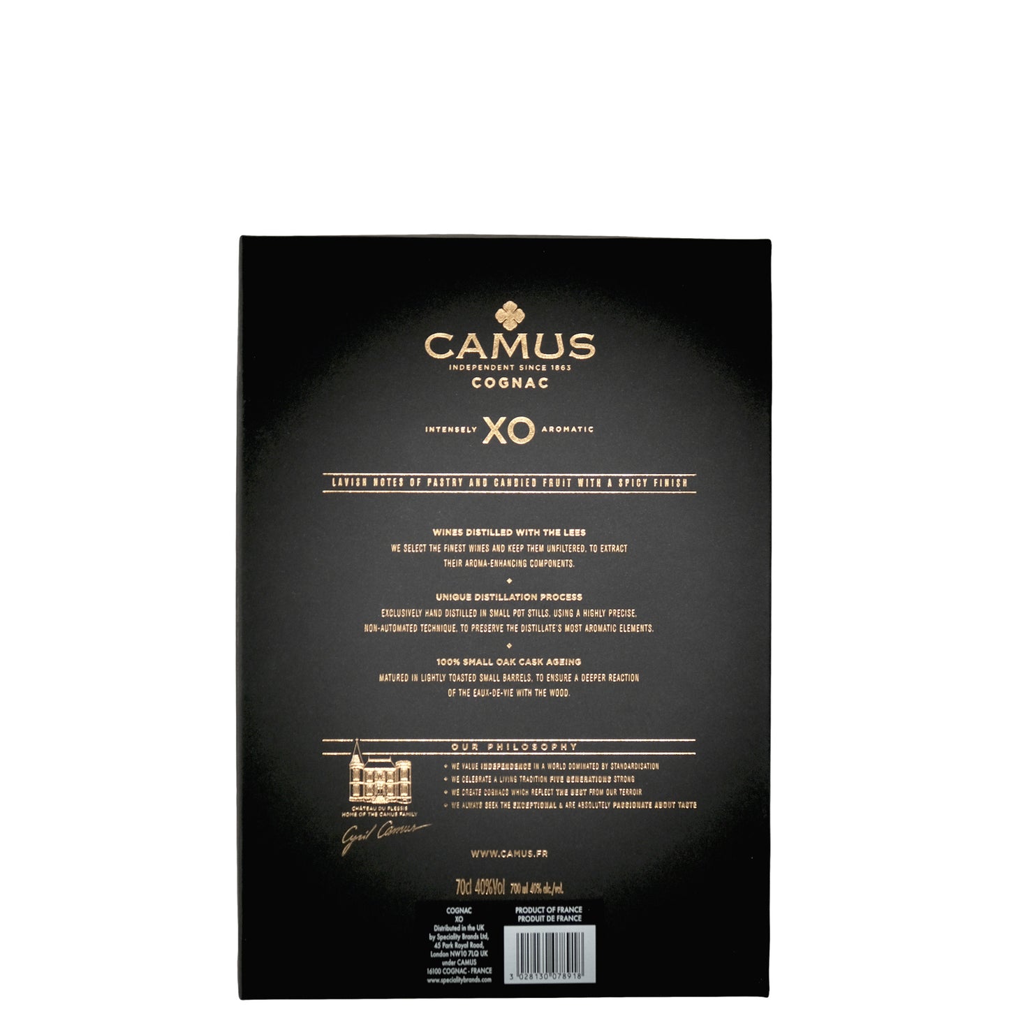 Camus XO Intense Cognac Bottle Box Back on a White Background