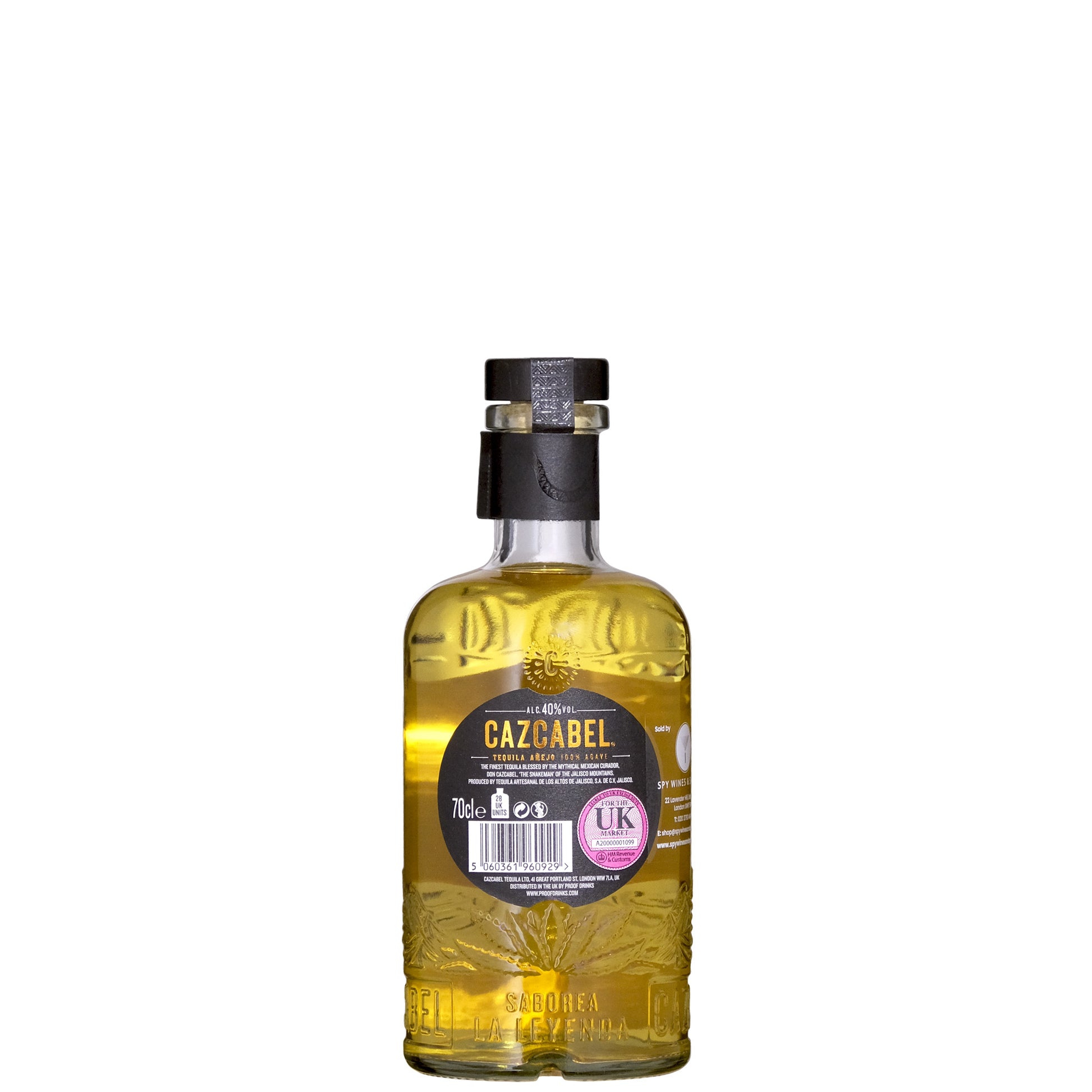 Cazcabel Anejo Back Label Tequila Bottle on a White Background