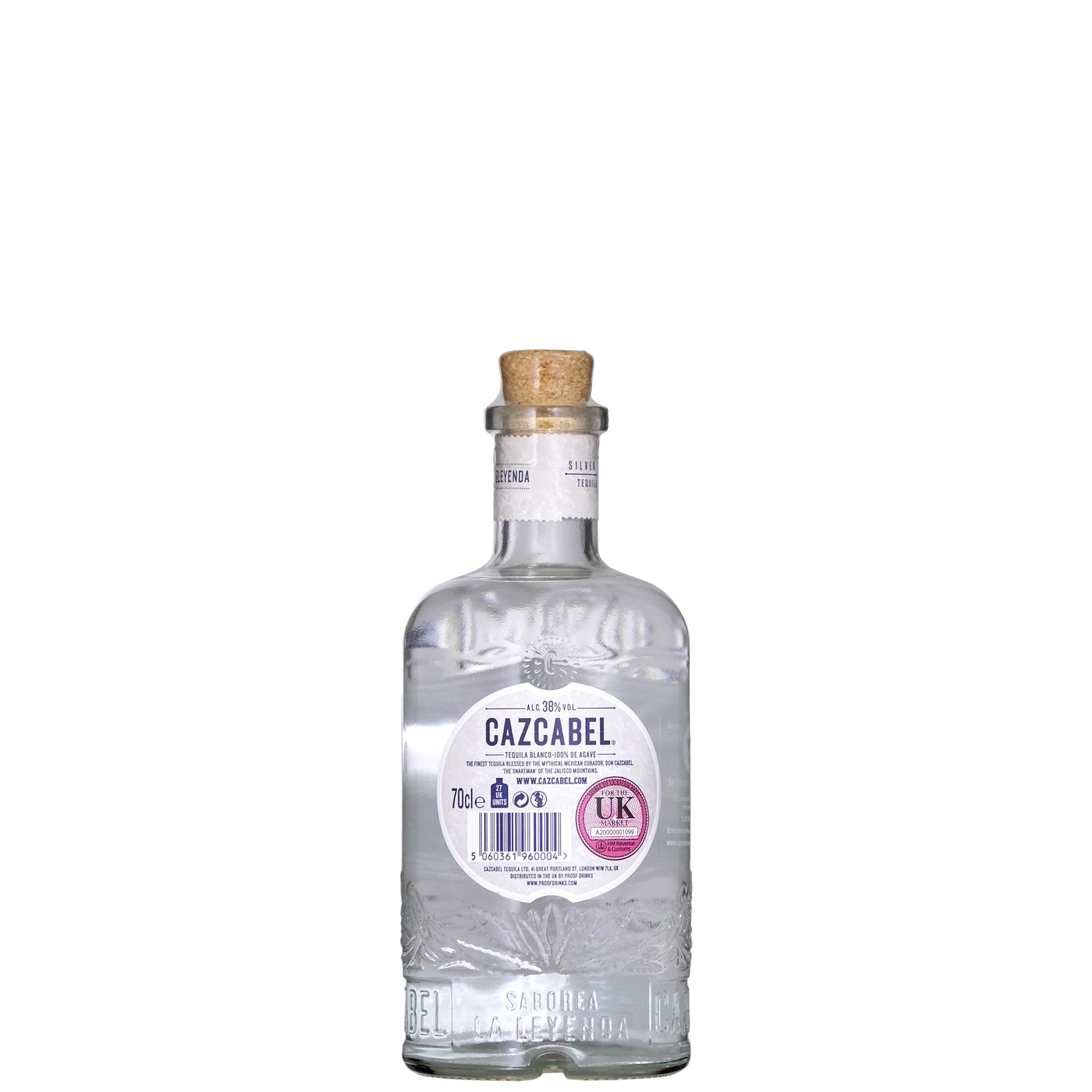 Cazcabel Blanco Back Label Tequila Bottle on a White Background