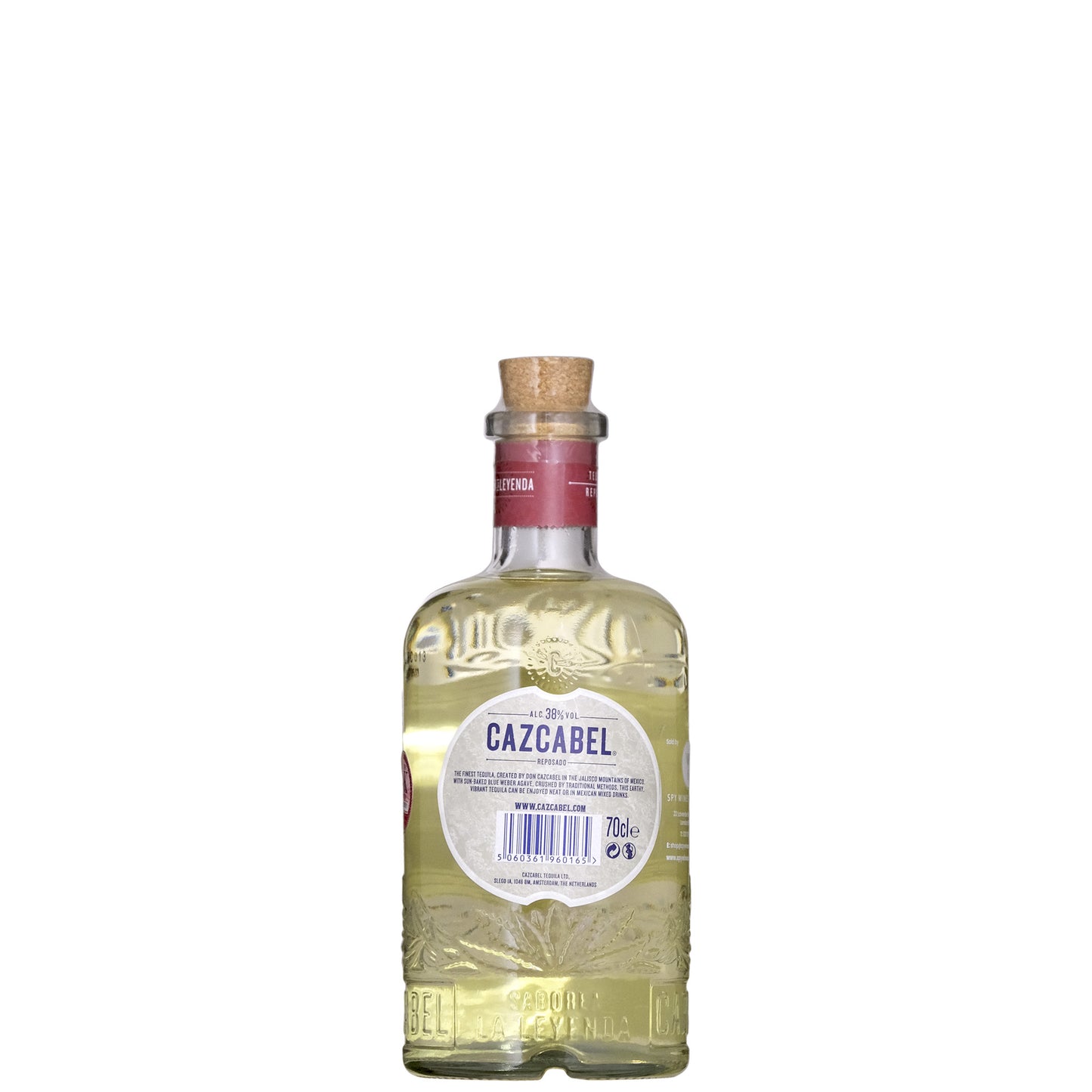 Cazcabel Reposado Back Label Tequila Bottle on a White Background