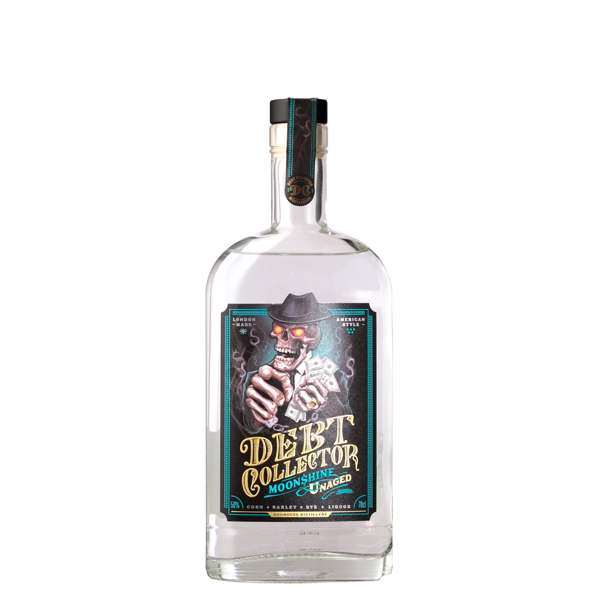Debt Collector Unaged Moonshine Unaged Whiskey Bottle on a White Background