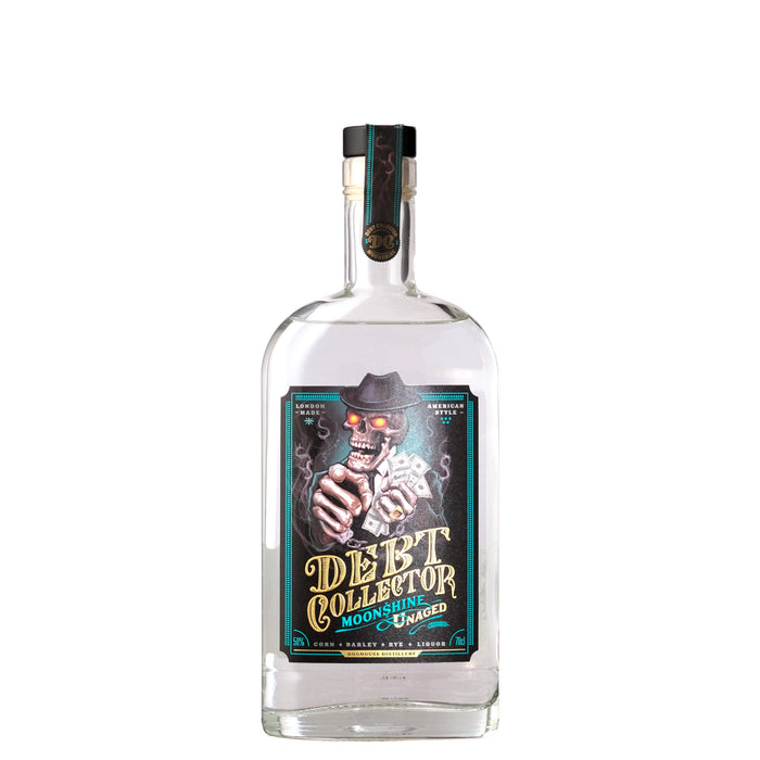 Debt Collector Unaged Moonshine Unaged Whiskey Bottle on a White Background
