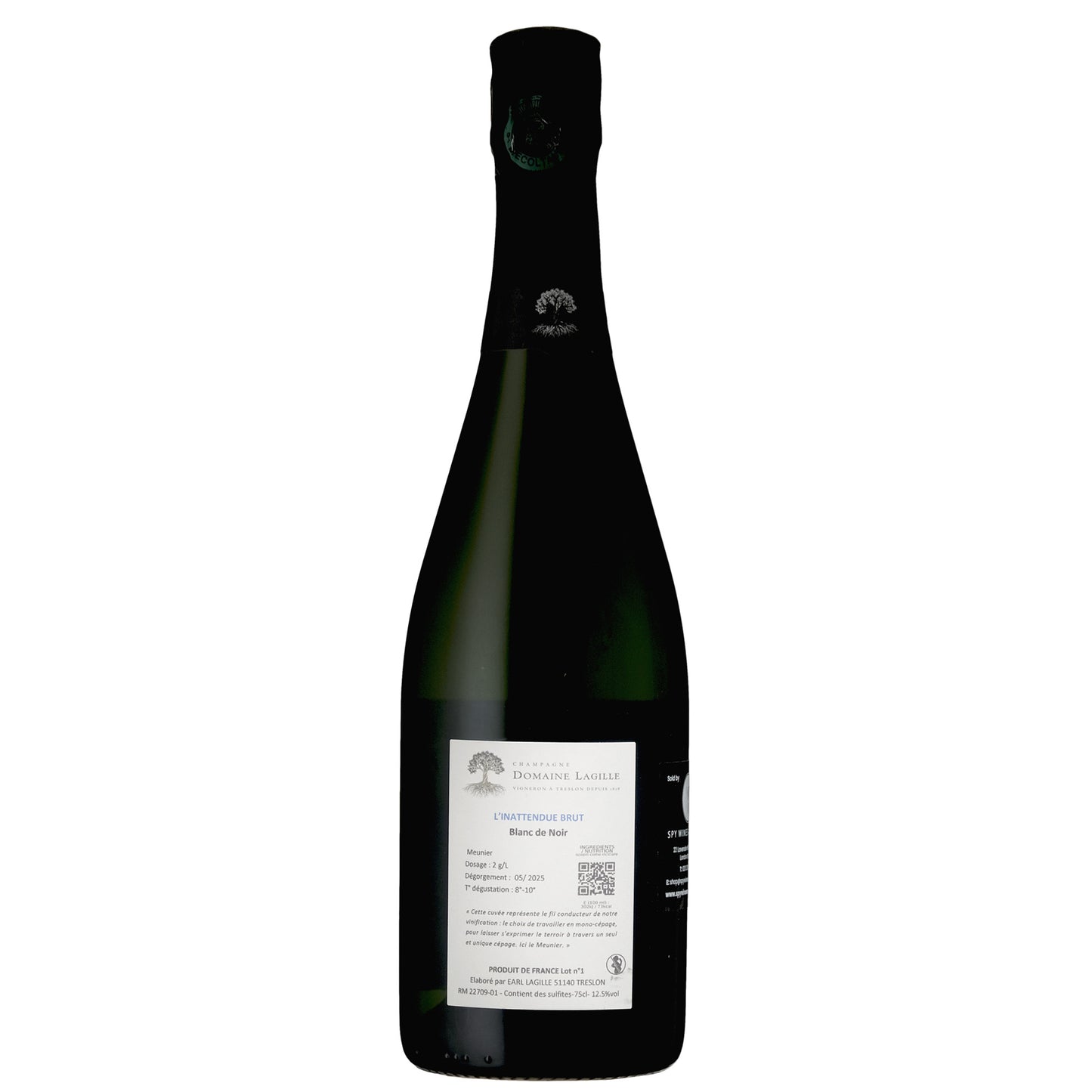 Dom Lagille l'Inattendue Back Label Champagne Bottle on a White Background