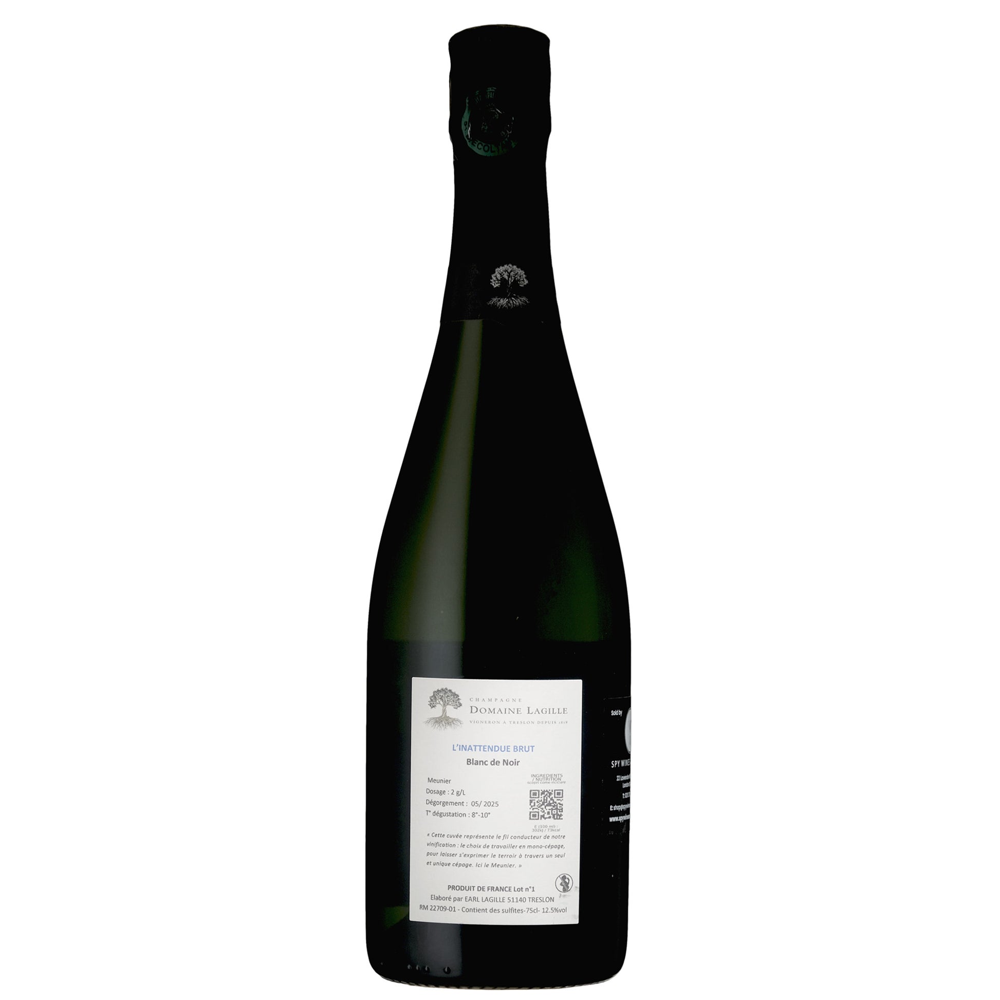 Dom Lagille l'Inattendue Back Label Champagne Bottle on a White Background