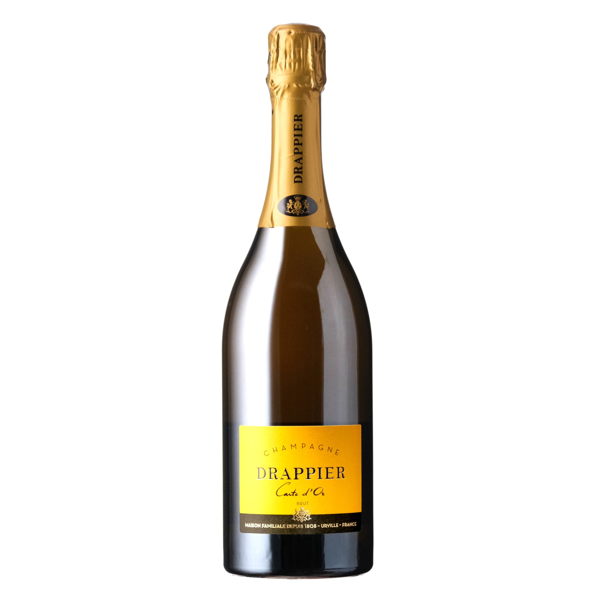 Drappier Brut 'Carte D'Or' Whiskey Bourbon Bottle on a White Background