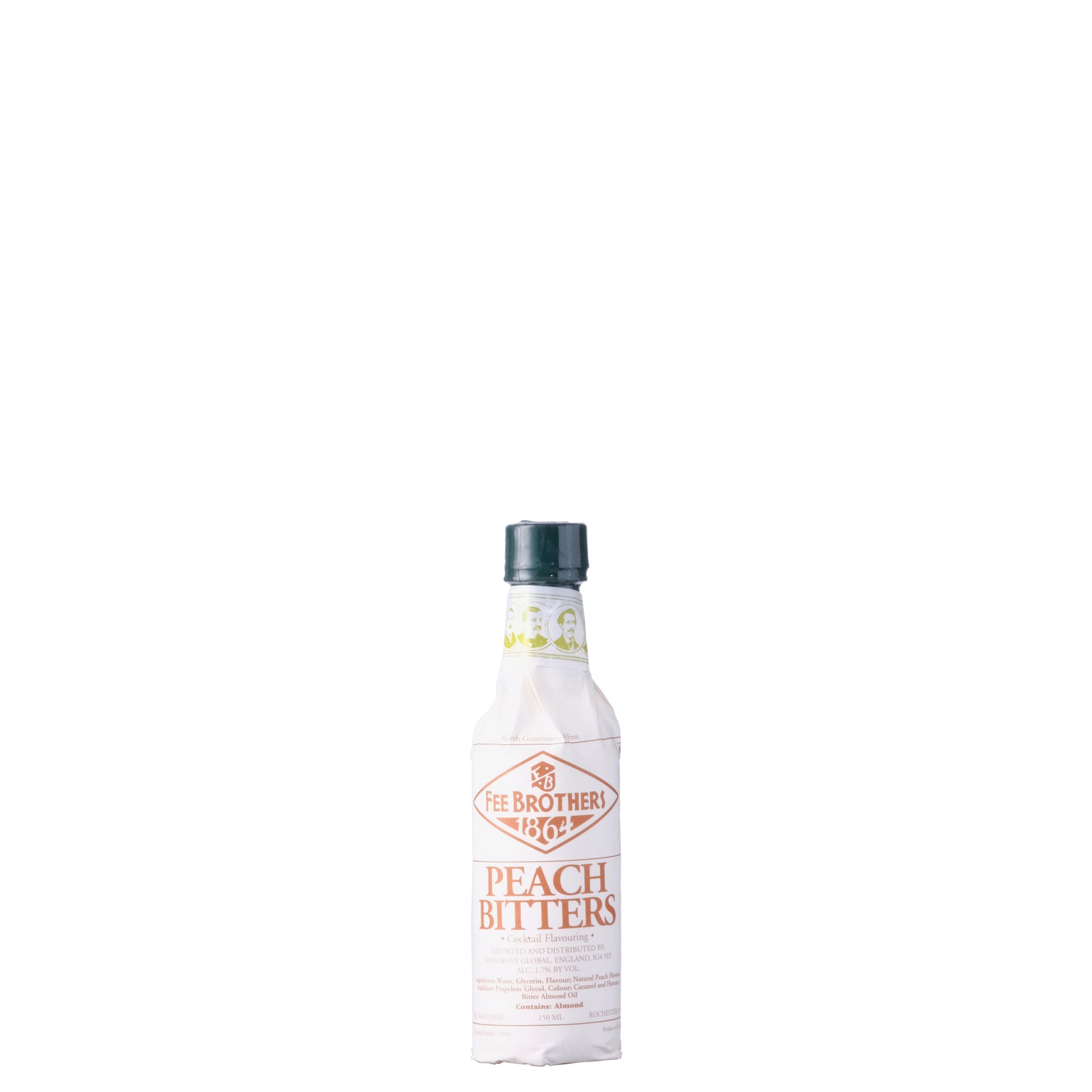Fee Brothers Peach Bitters Bottle on a White Background