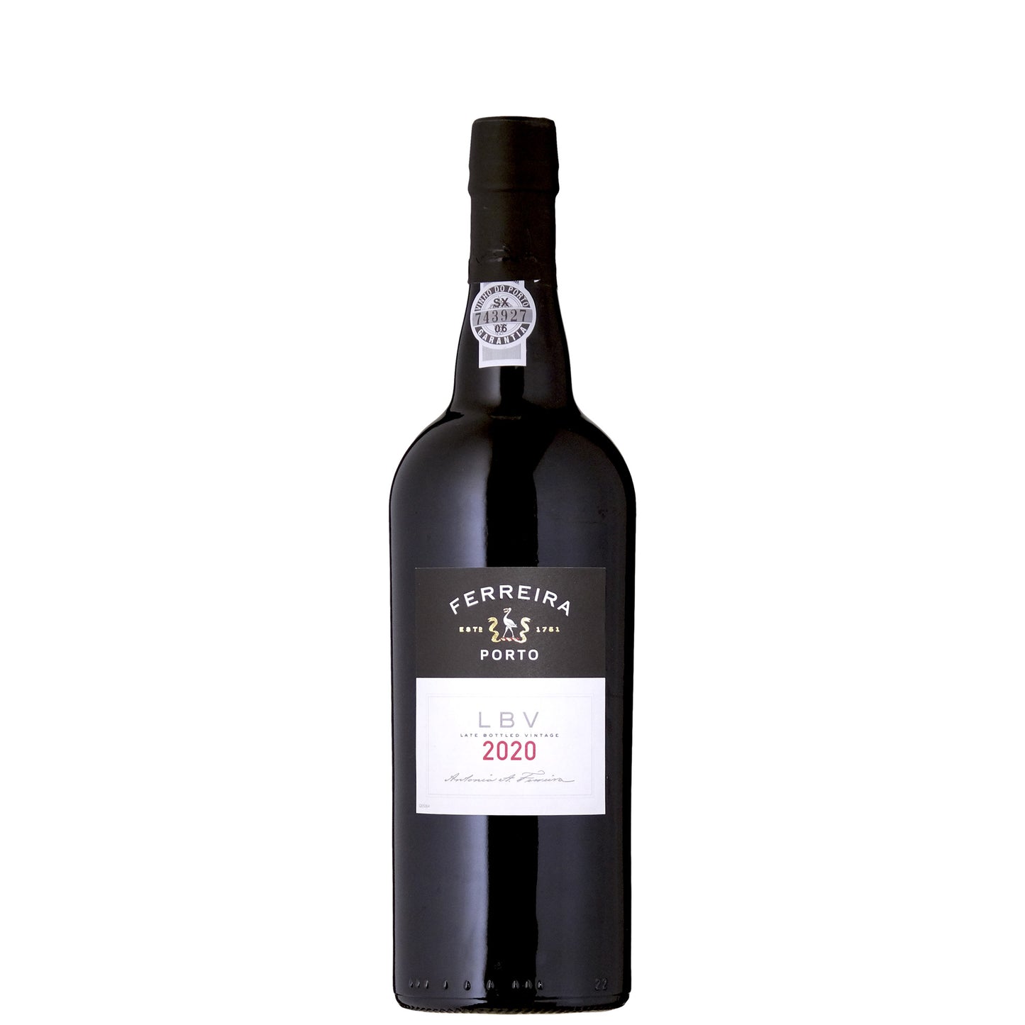 Ferreira LBV Port Bottle on a White Background