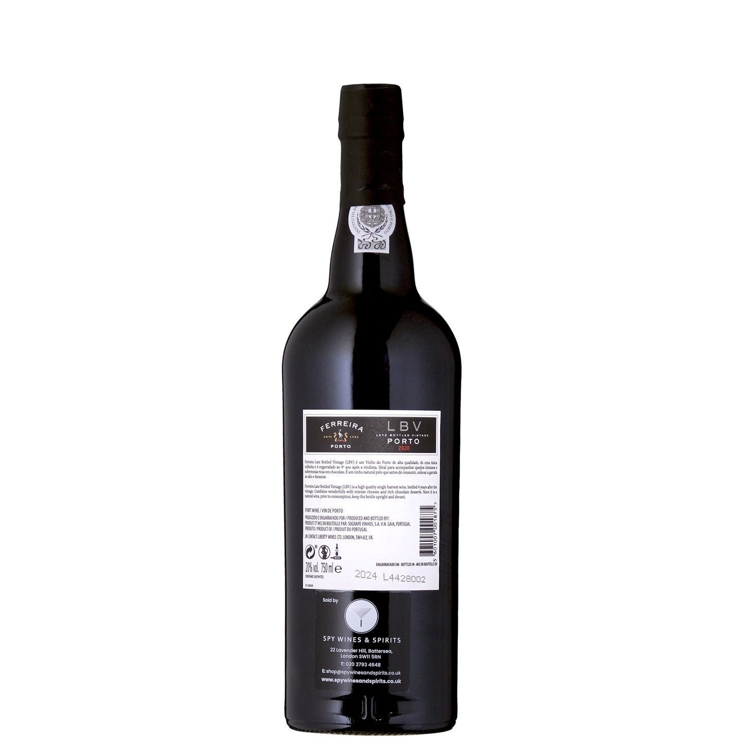 Ferreira LBV Back Label Port Bottle on a White Background