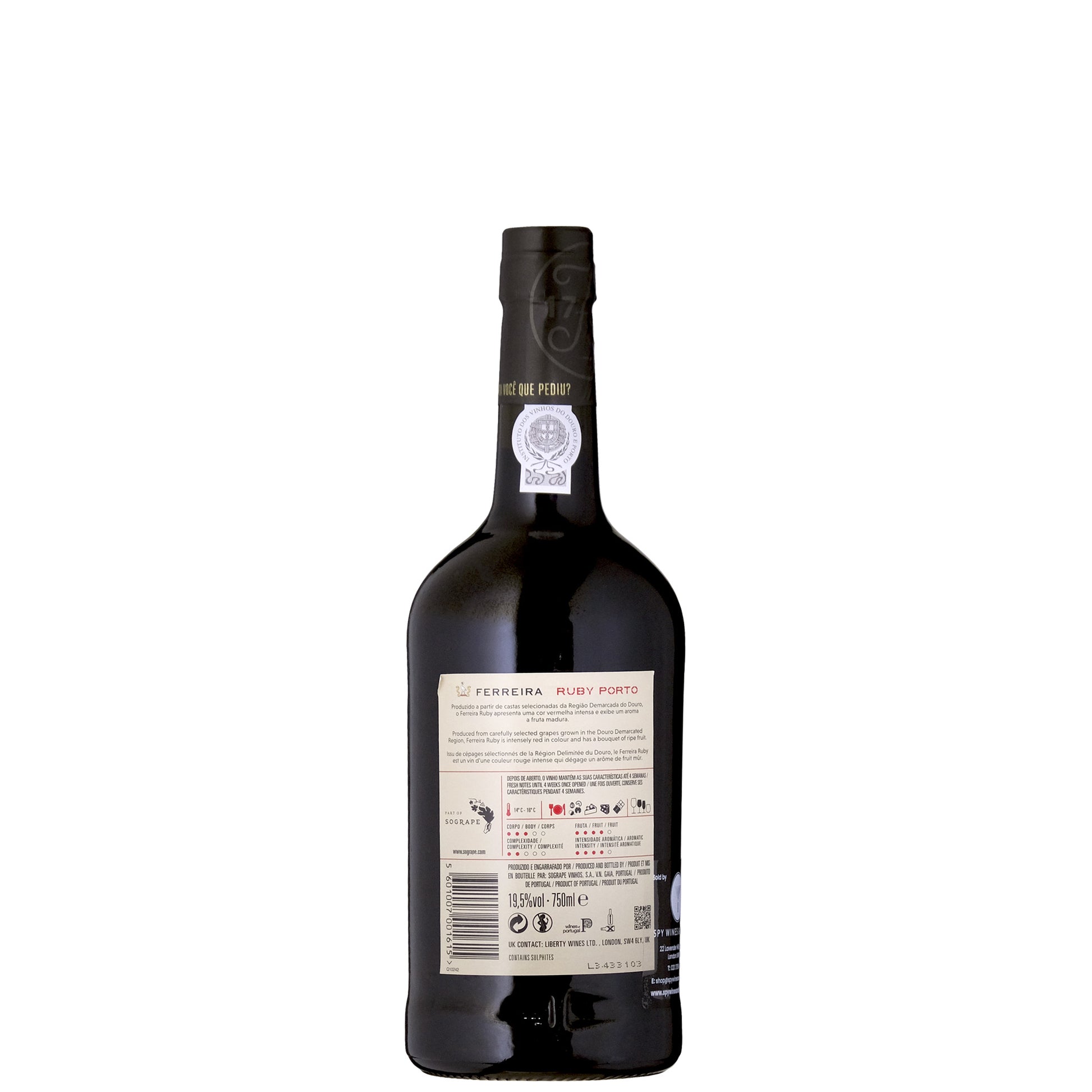 Ferreira Ruby Back Label Port Bottle on a White Background