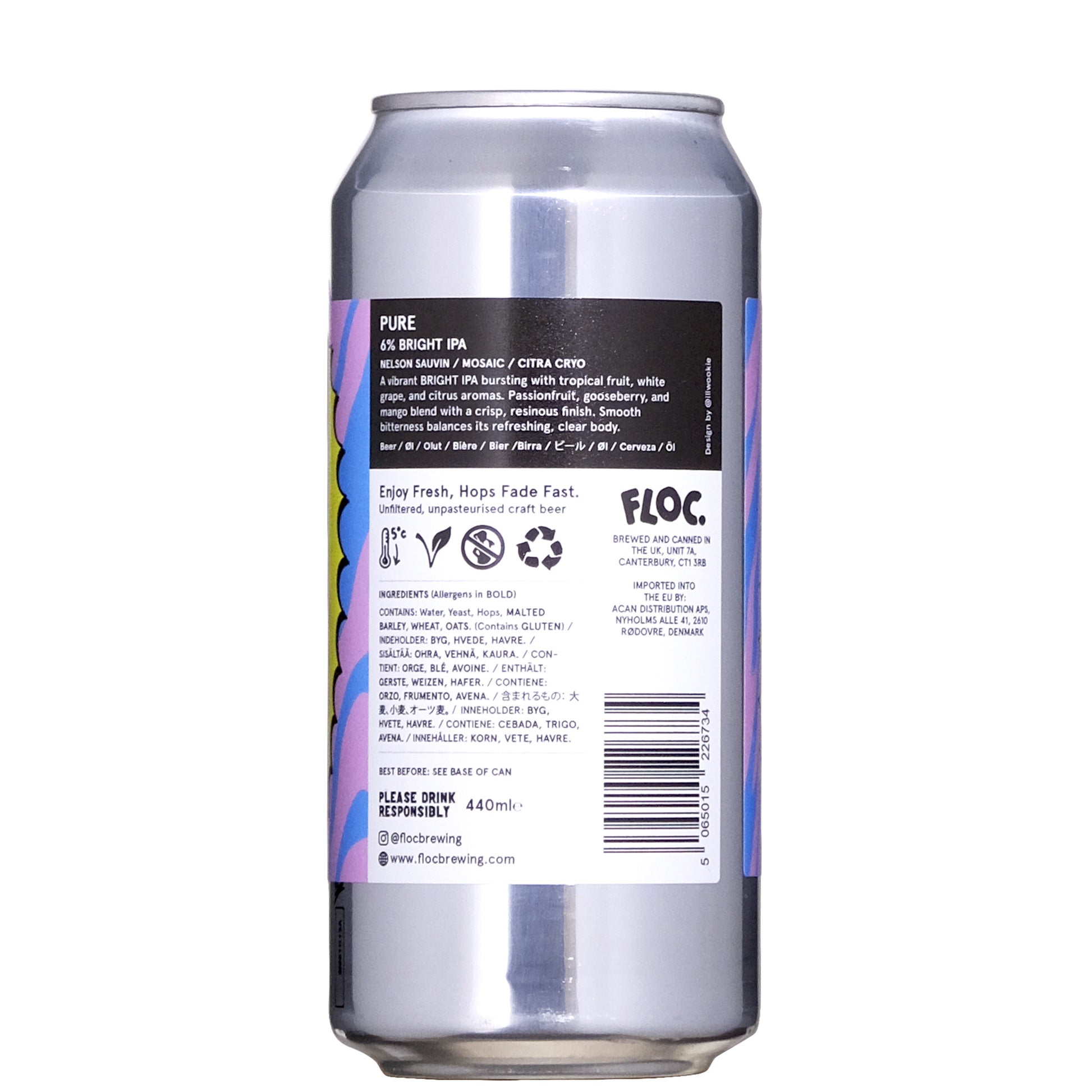 Floc Pure I.P.A 6% Back Label Beer Can on a White Background