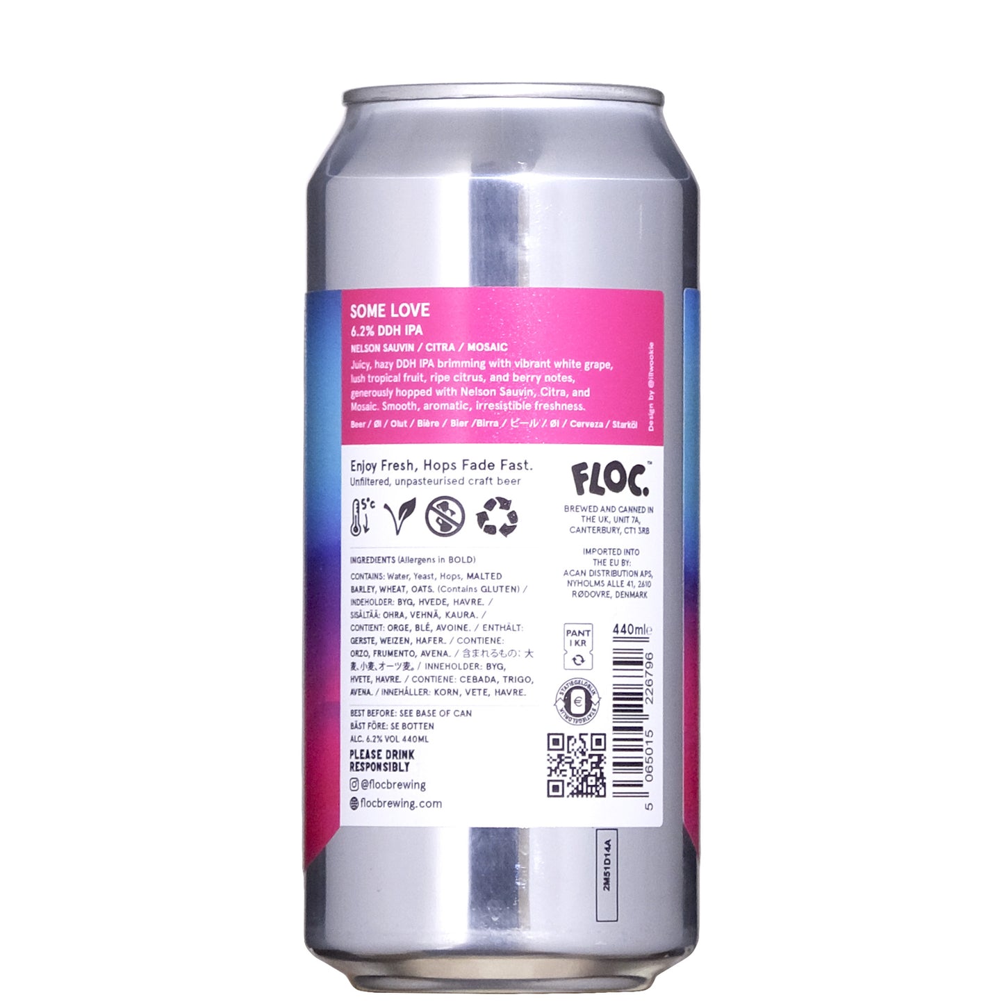 Floc Some Love 6.2% DDH IPA Back Label Beer Can on a White Background