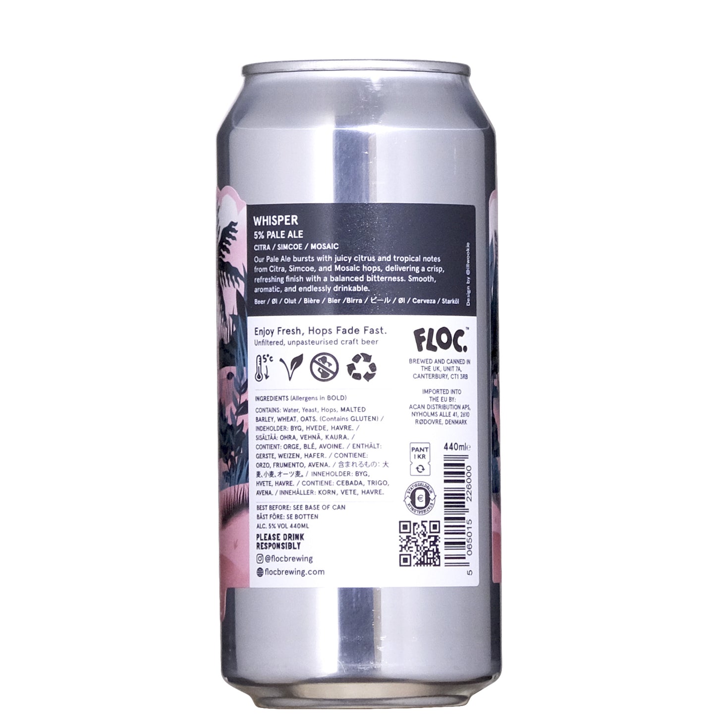Floc Whisper Pale Ale 5% Back Label Beer Can on a White Background