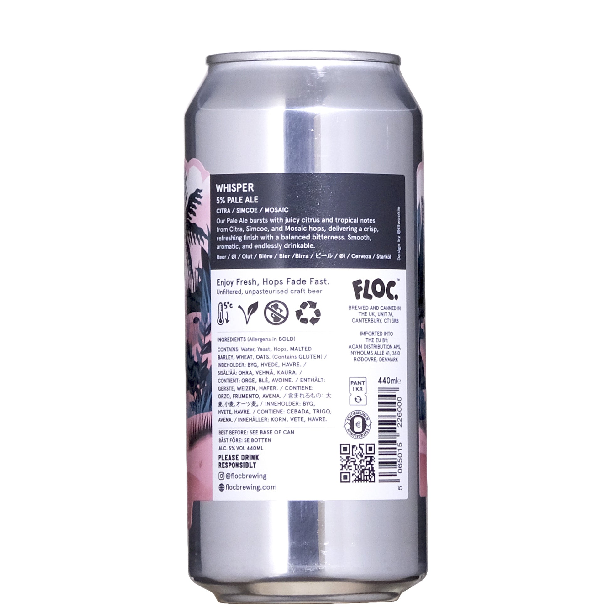 Floc Whisper Pale Ale 5% Back Label Beer Can on a White Background