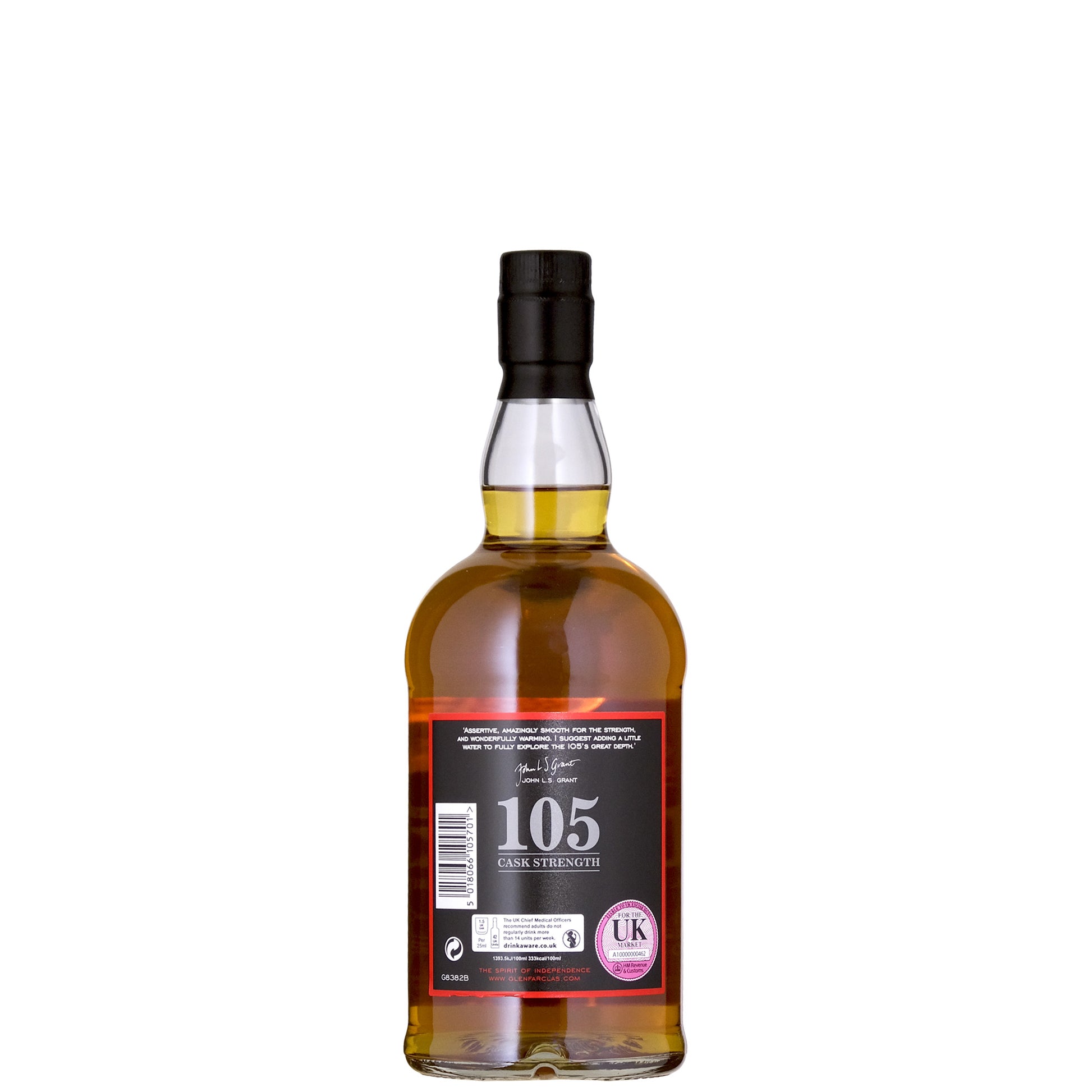 Glenfarclas 105 Cask Strength Back Label Whisky Bottle on a White Background