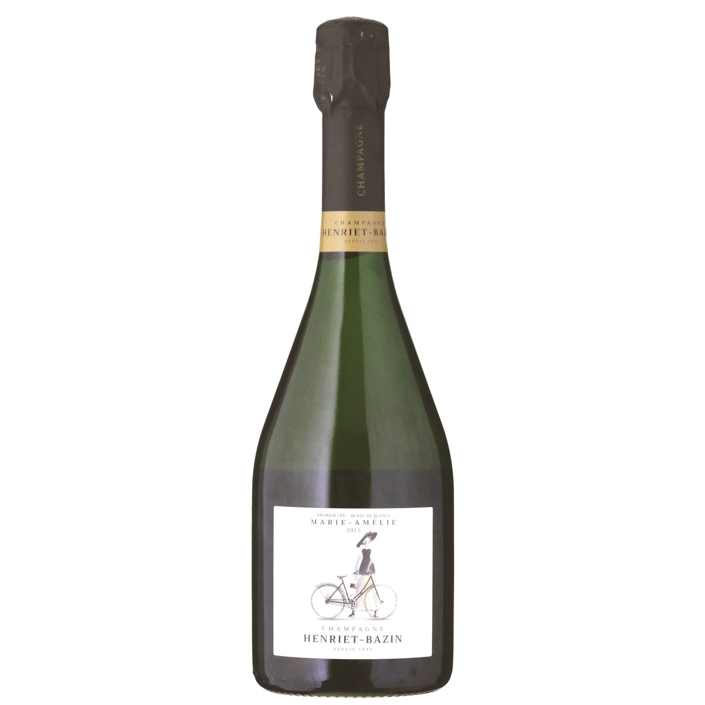 Premier Cru Blanc des Blancs  Henriet-Bazin Marie-Amélie 2015 Bottle with an image of a woman and a bicycle on the label on a White Background