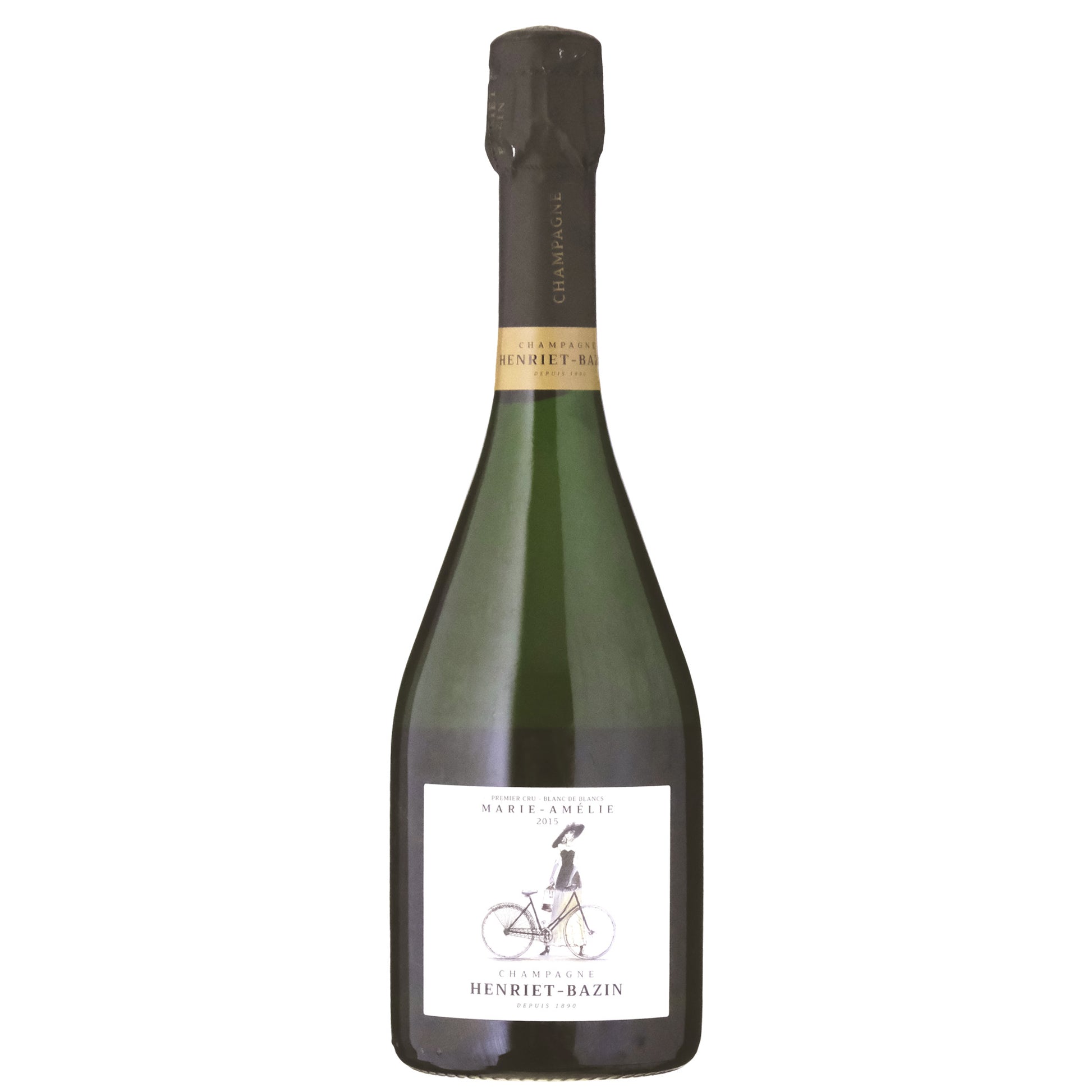 Premier Cru Blanc des Blancs  Henriet-Bazin Marie-Amélie 2015 Bottle with an image of a woman and a bicycle on the label on a White Background