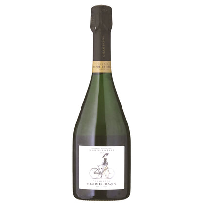 Premier Cru Blanc des Blancs  Henriet-Bazin Marie-Amélie 2015 Bottle with an image of a woman and a bicycle on the label on a White Background