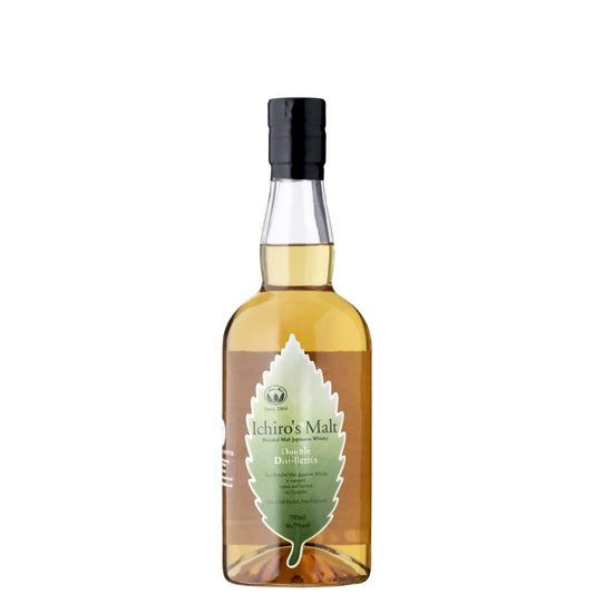 Ichiro's Malt Double Distilleries Japanese Whisky Bottle  with a Green Leaf Shaped Label on a White Background