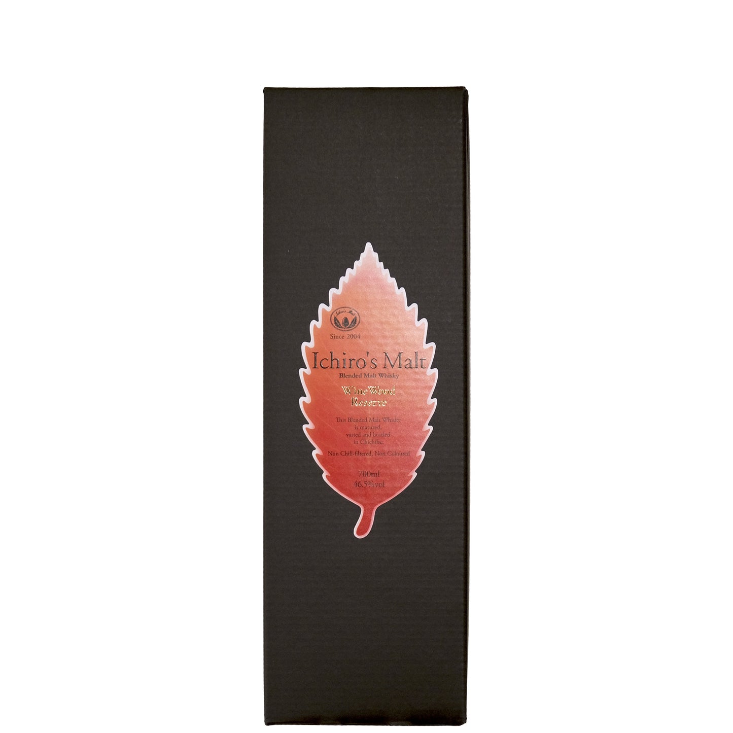 Ichiro's Malt Wine Wood Reserve Japanese Whisky Bottle with a Pink Leaf Shaped Label Box Front on a White Background