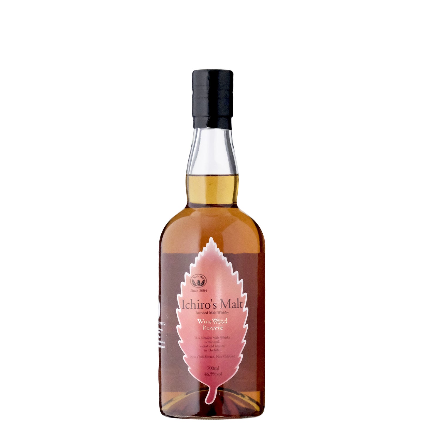 Ichiro's Malt Wine Wood Reserve Japanese Whisky Bottle with a Pink Leaf Shaped Label on a White Background