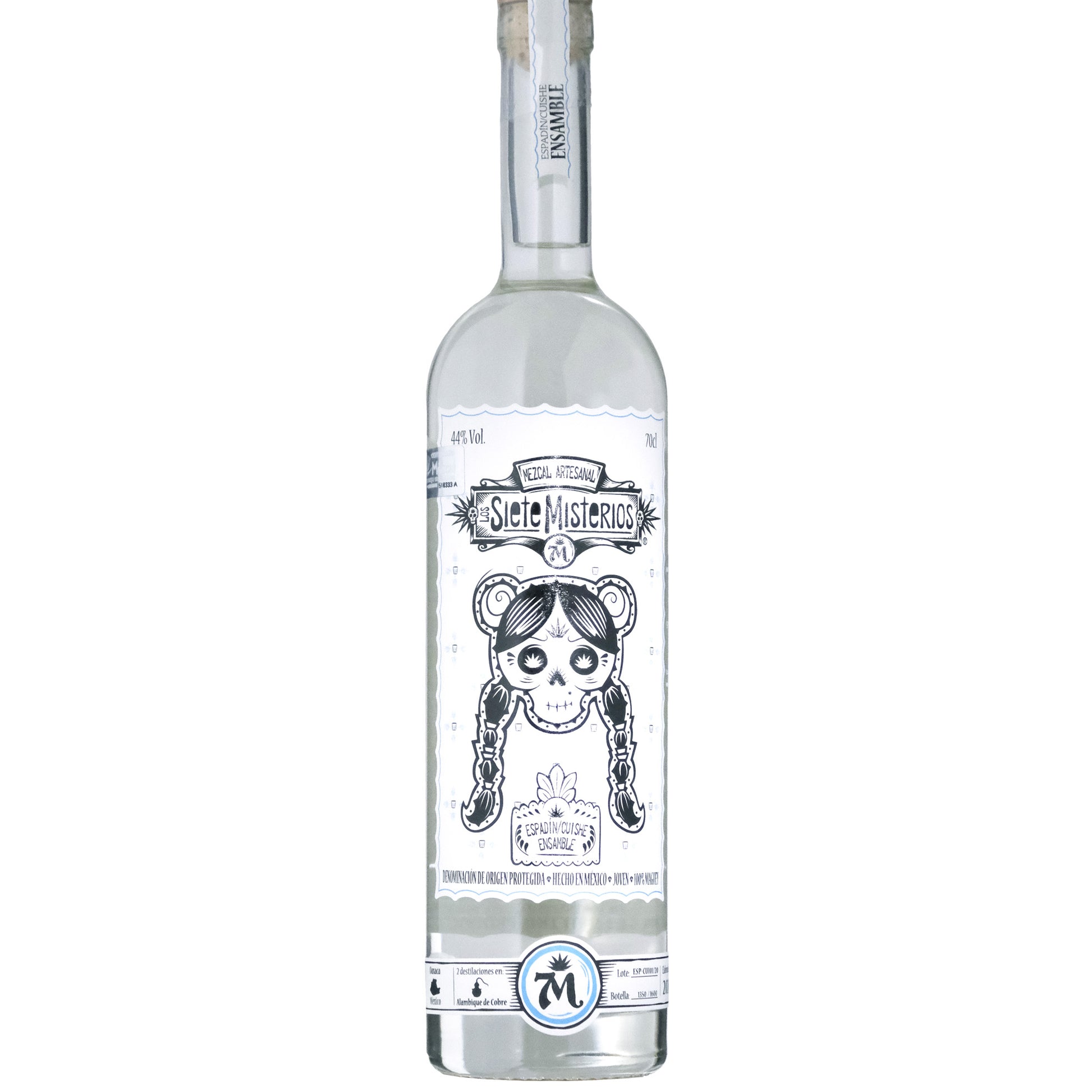 Los Siete Misterios Espadin/Cuishe Mezcal Bottle on a White Background