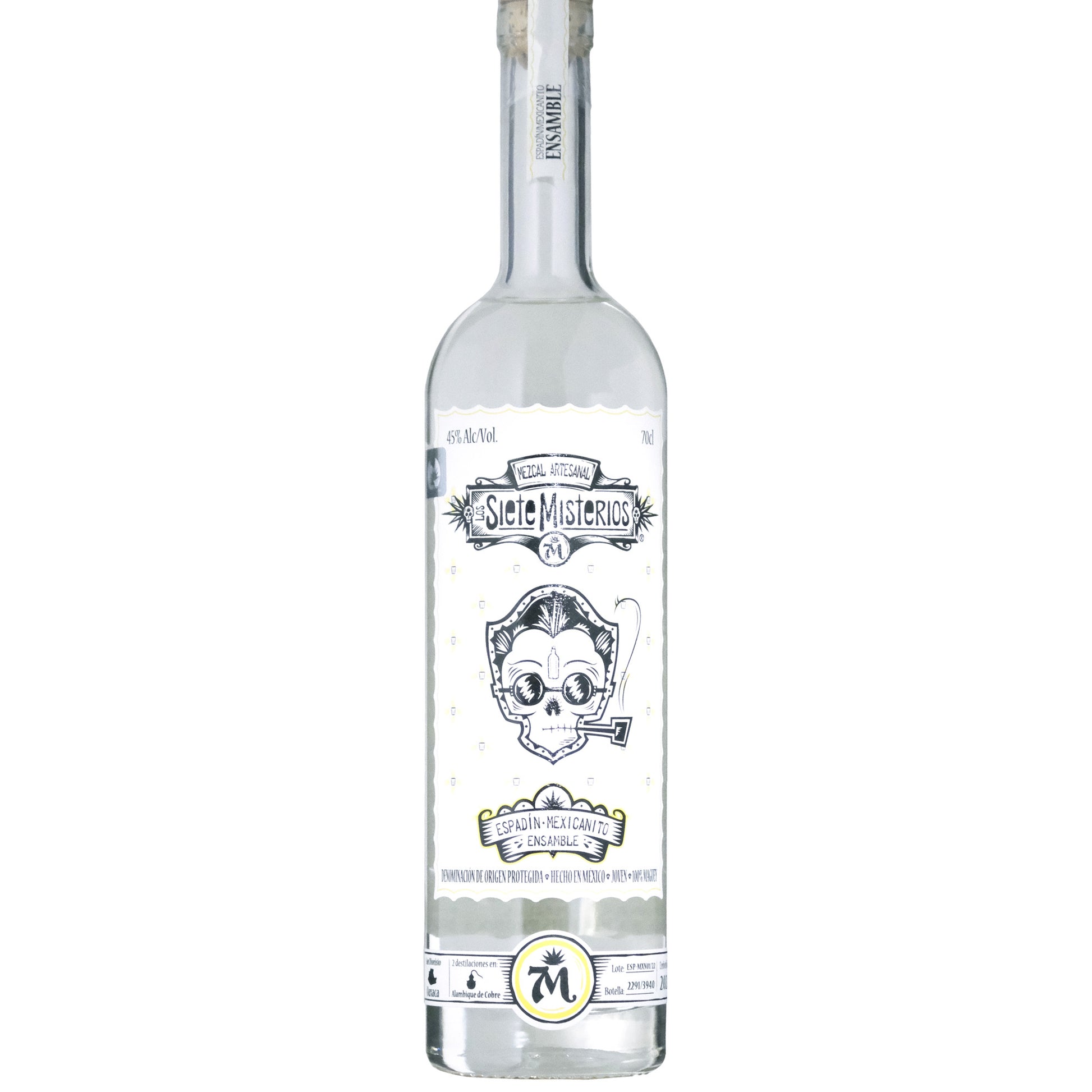 Los Siete Misterios Espadin/Mexicanito Mezcal Bottle on a White Background
