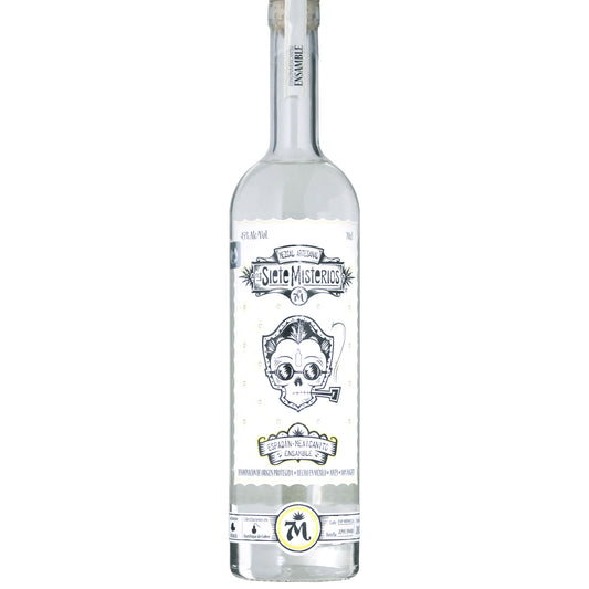 Los Siete Misterios Espadin/Mexicanito Mezcal Bottle on a White Background