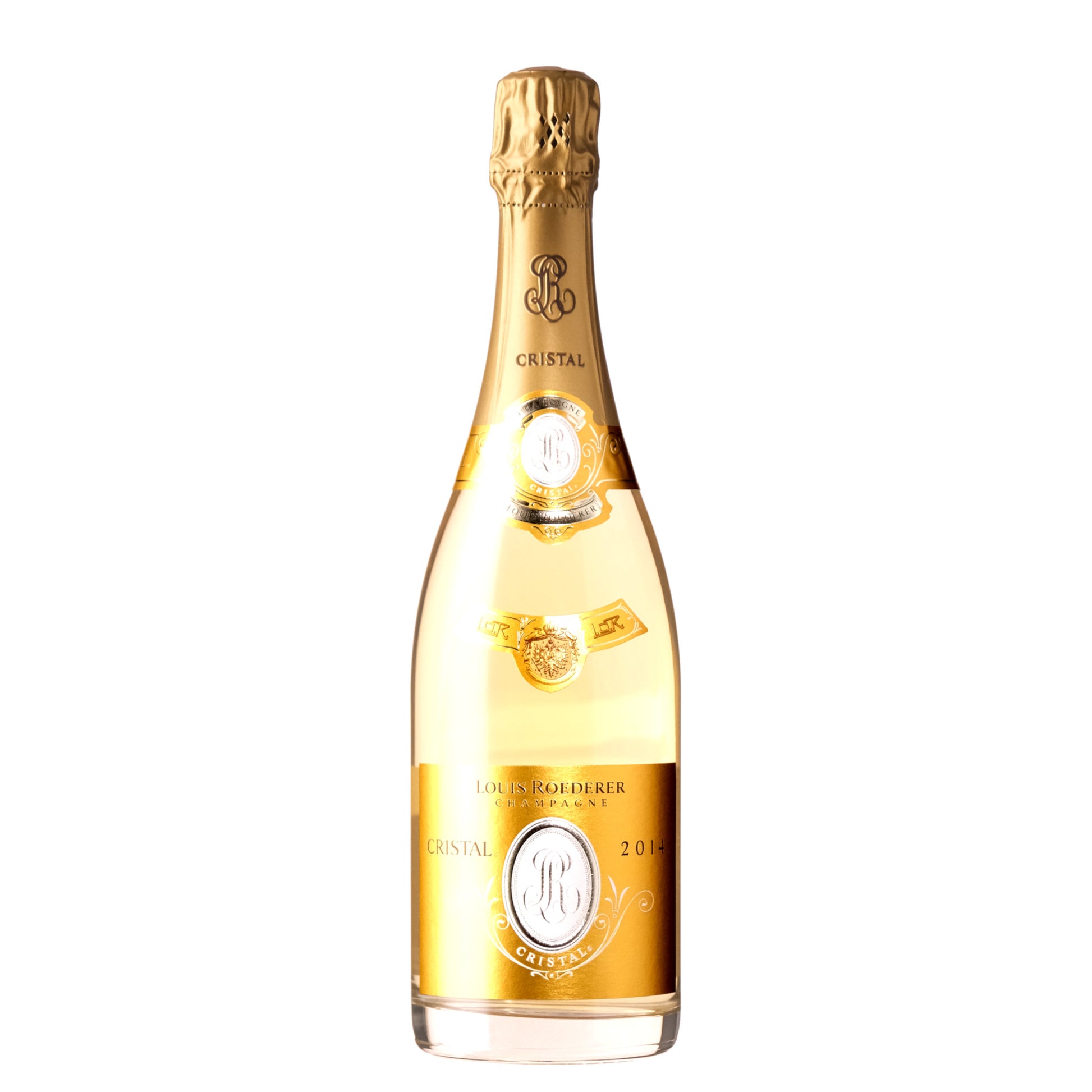 Louis Roederer Cristal 2014 Brut Champagne Bottle on a White Background