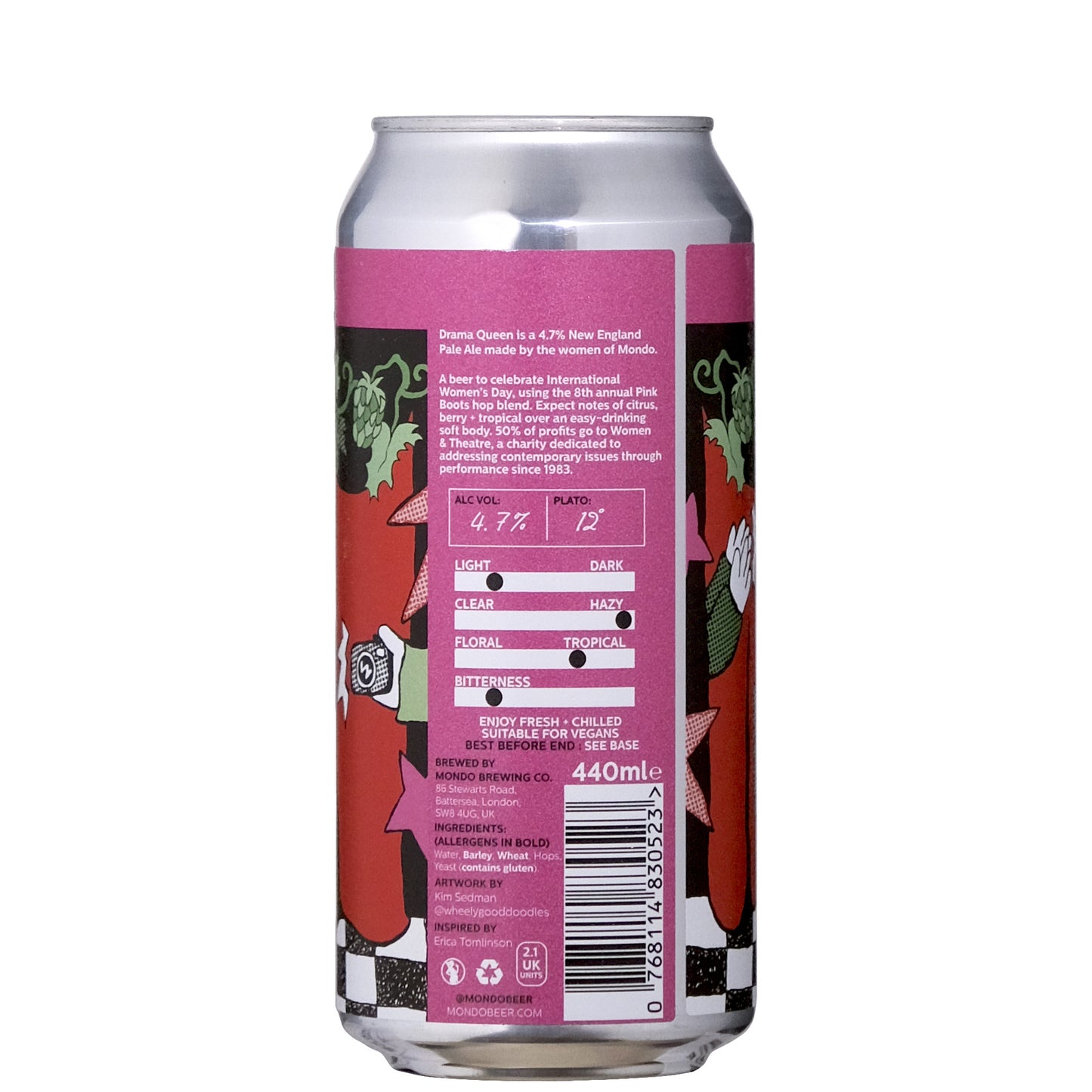 Mondo Drama Queen NEPA 4.7% Back Label Beer Can on a White Background