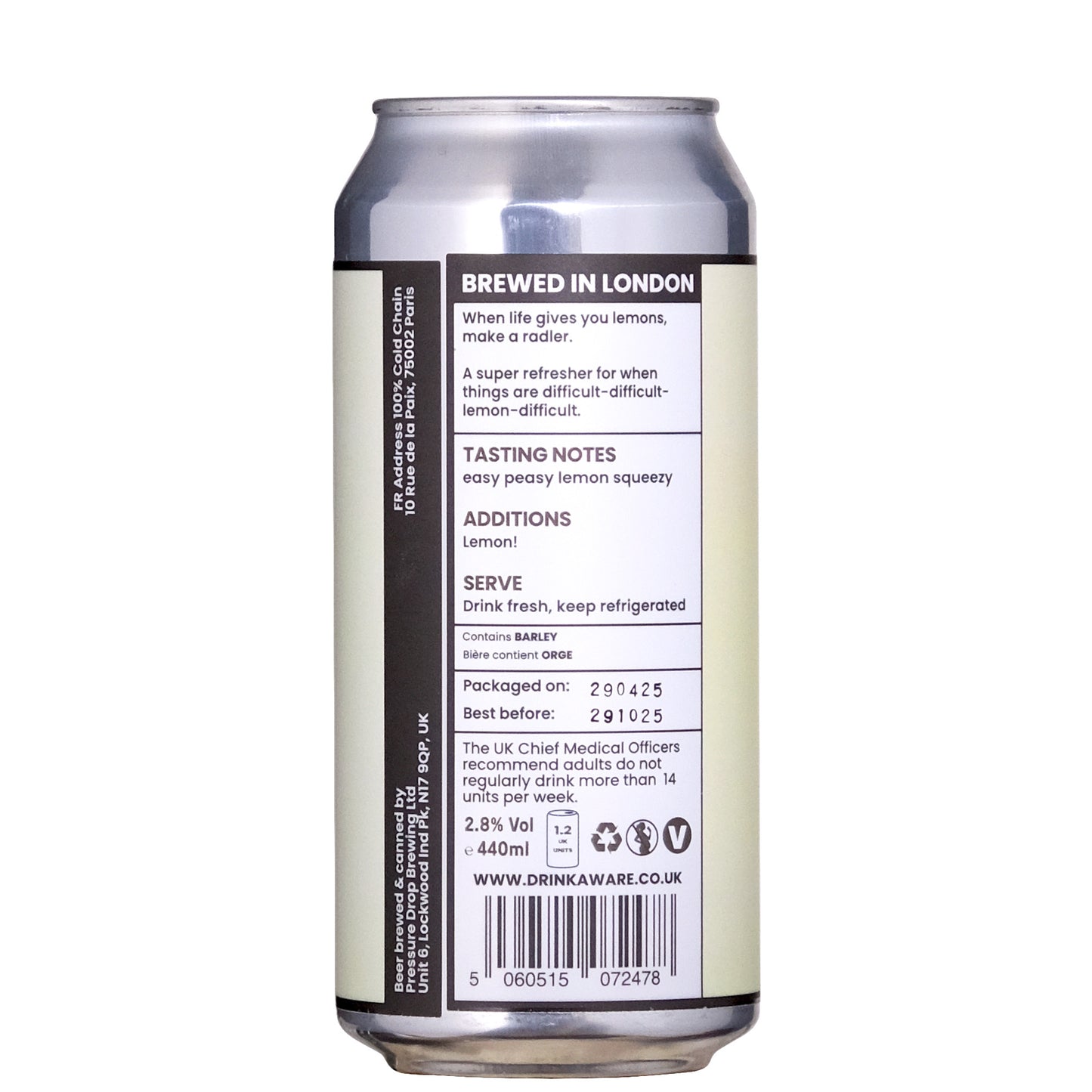 Pressure Drop Lemon Difficult 2.8% Back Label on a White Background
