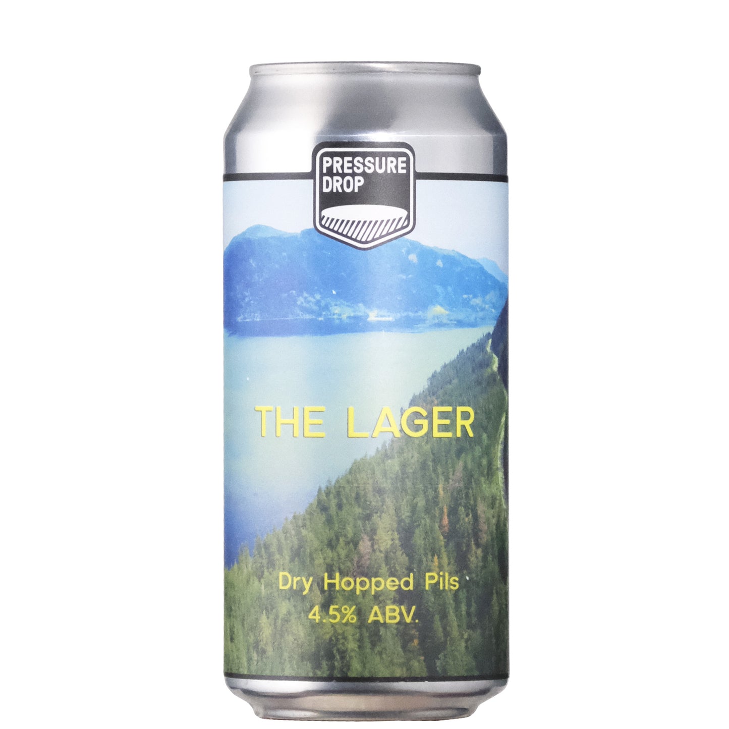 Pressure Drop The Lager Beer Can 4.5% on a White Background